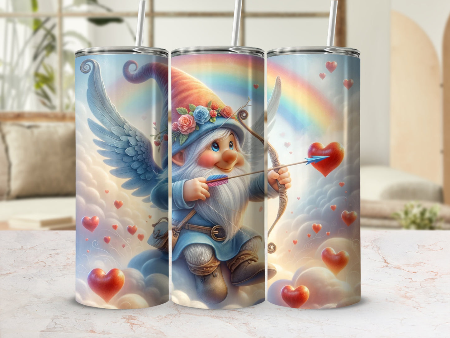 Cute Cupid Gnome With Rainbow Hearts Tumbler