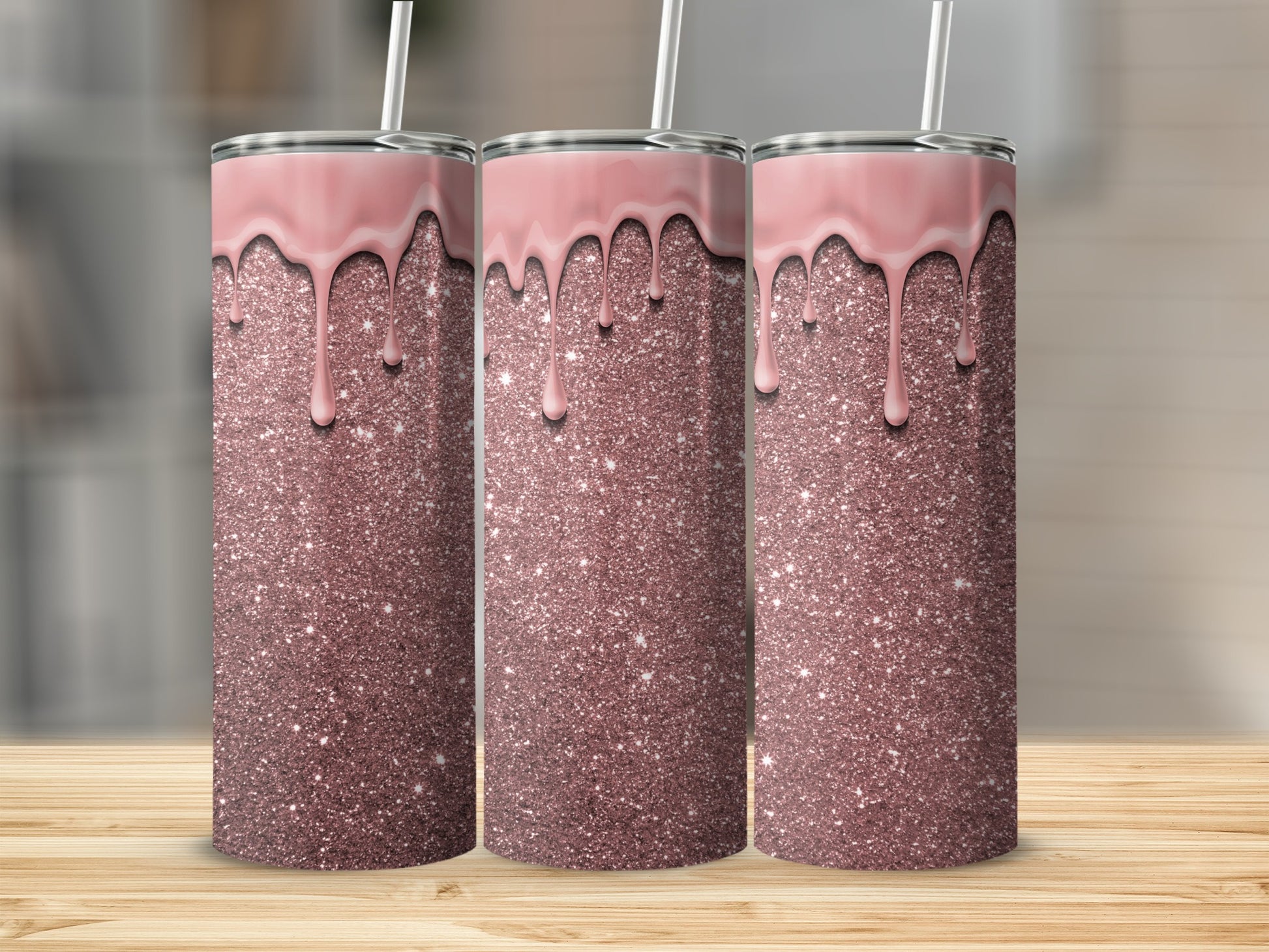 Glittery Pink Tumblers with Dripping Frosting Design