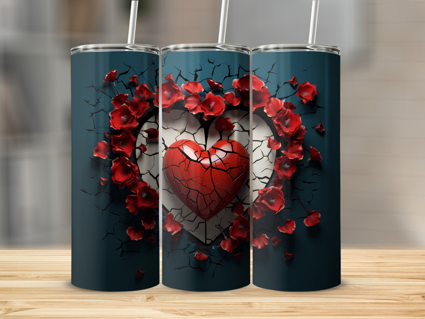 Cracked Heart with Red Flowers Tumbler Design Art