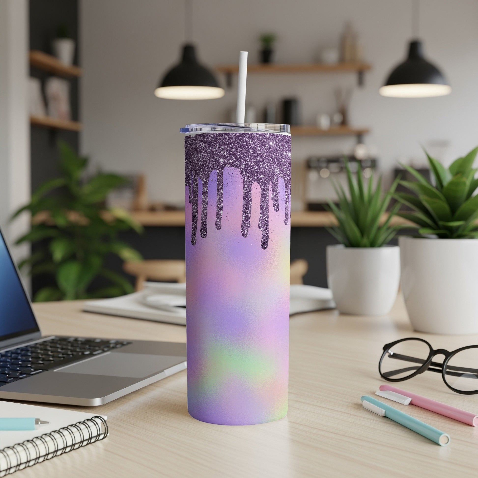 Glitter drip tumbler with pastel tie-dye design and white straw.