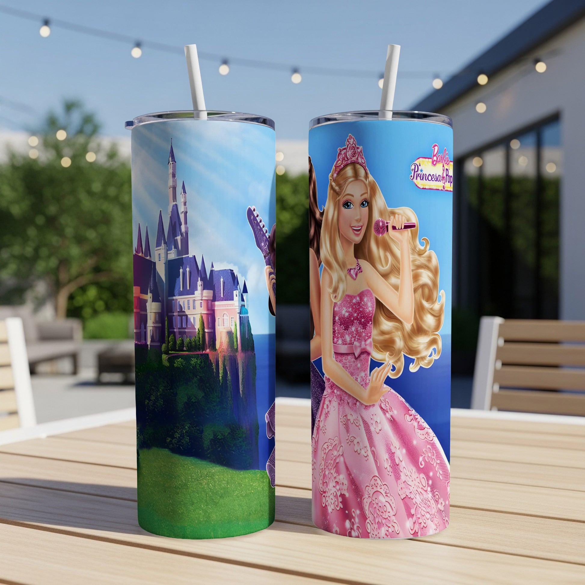 Barbie Princess Power tumbler with castle and Barbie singing on a patio table.