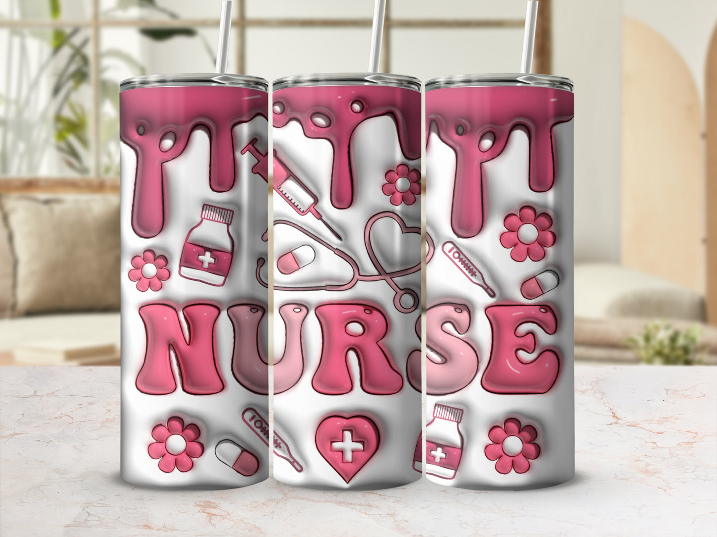 Pink nurse tumbler with medical icons and dripping paint design.