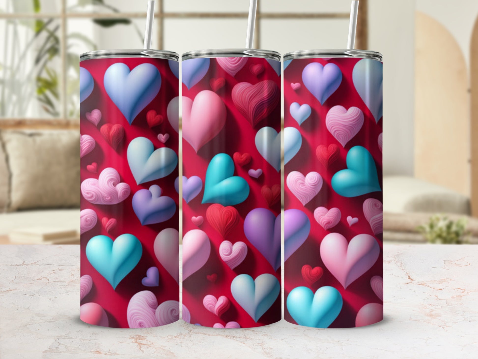 Three tumblers with a repeating pattern of colorful hearts on a red background.