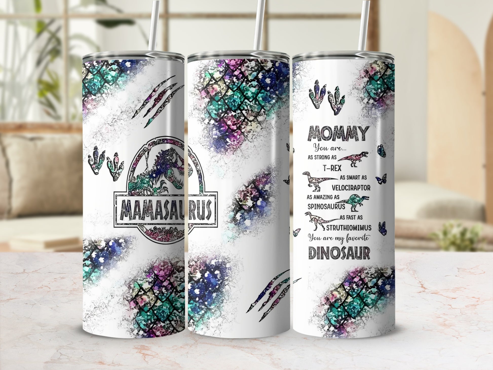 Mamasaurus and Mommy Dinosaur Design Tumblers for Moms