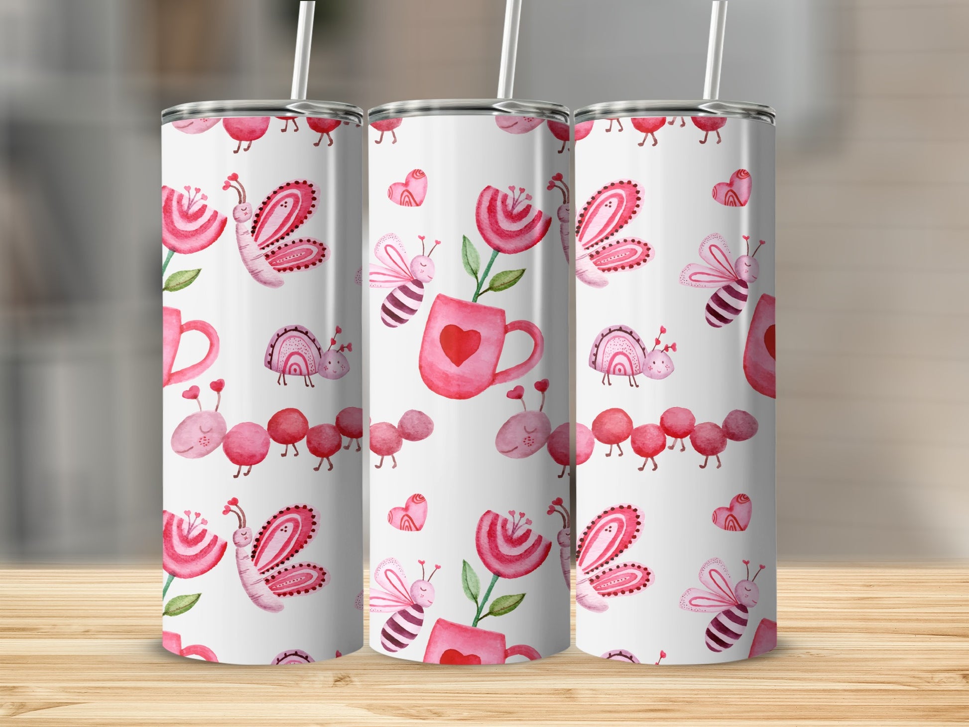 Cute Valentine Hearts and Butterflies Tumbler Design