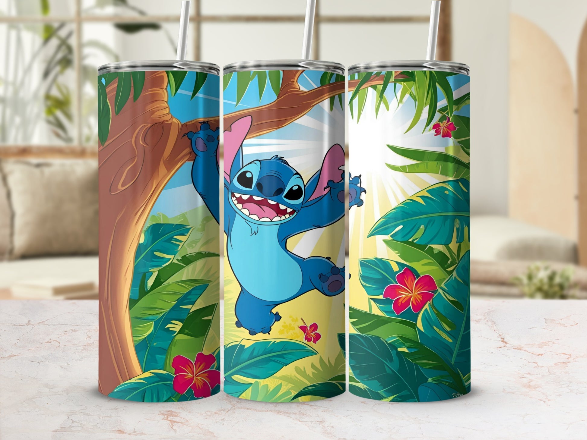 Trio of Stitch tumblers with tropical foliage and flowers.