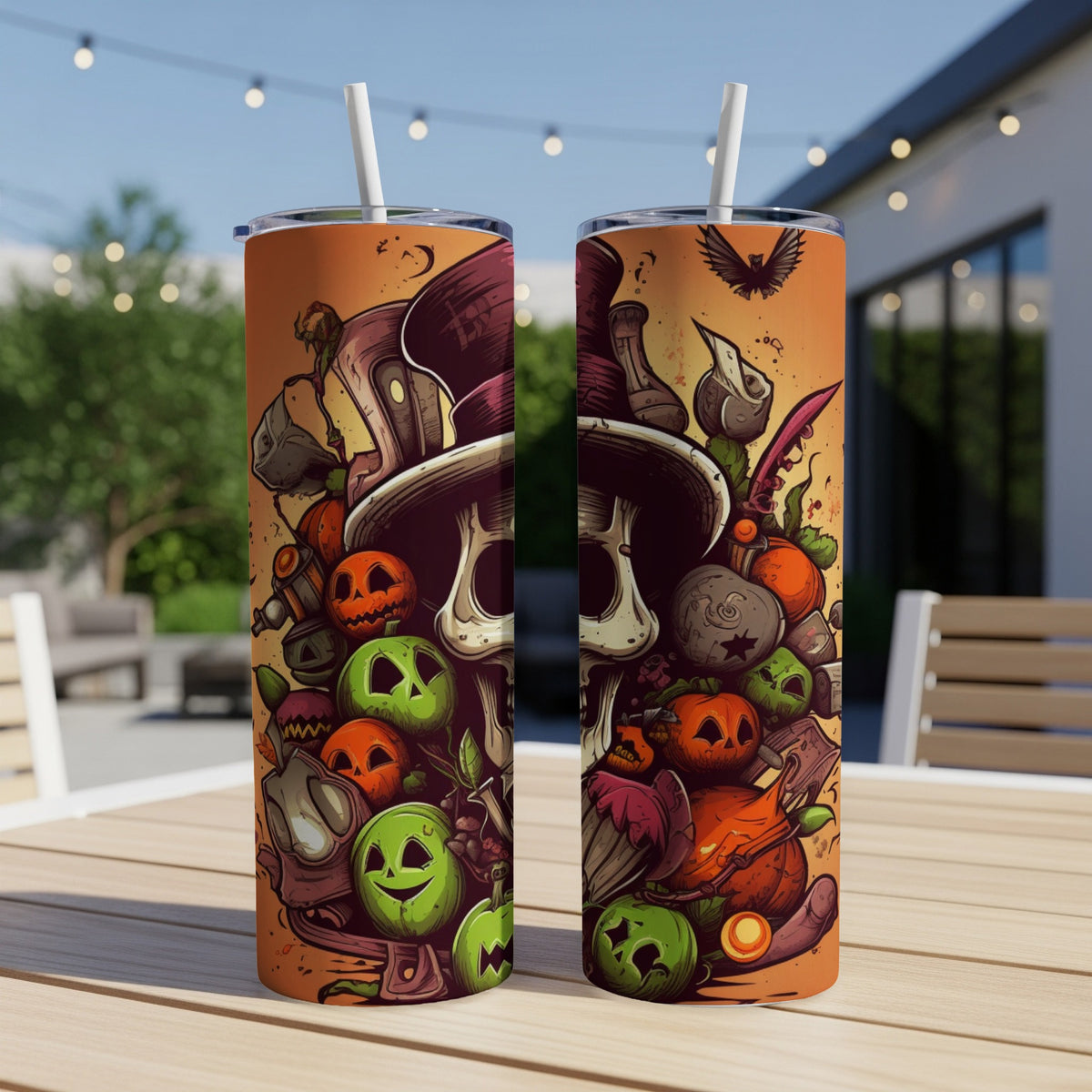 Two tumblers with Halloween skull and pumpkin artwork, displayed on a table outdoors.