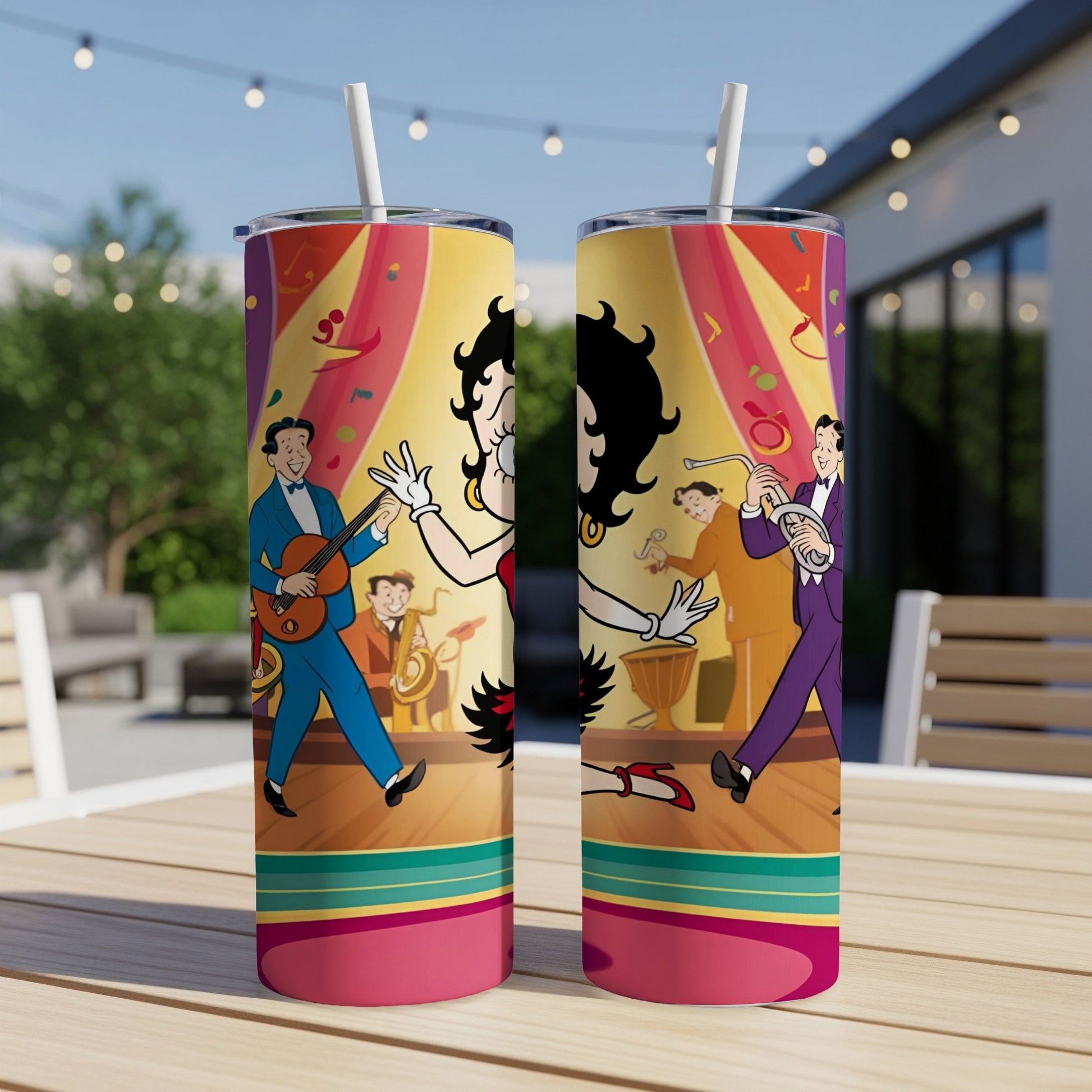 Two Betty Boop tumblers with cartoon characters performing on stage.