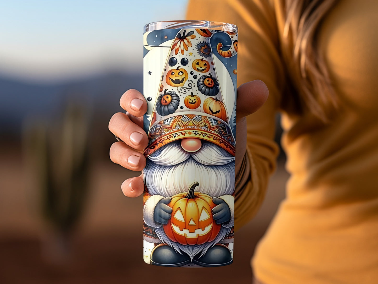 Halloween Gnome Holding Pumpkin Tumbler with Festive Design