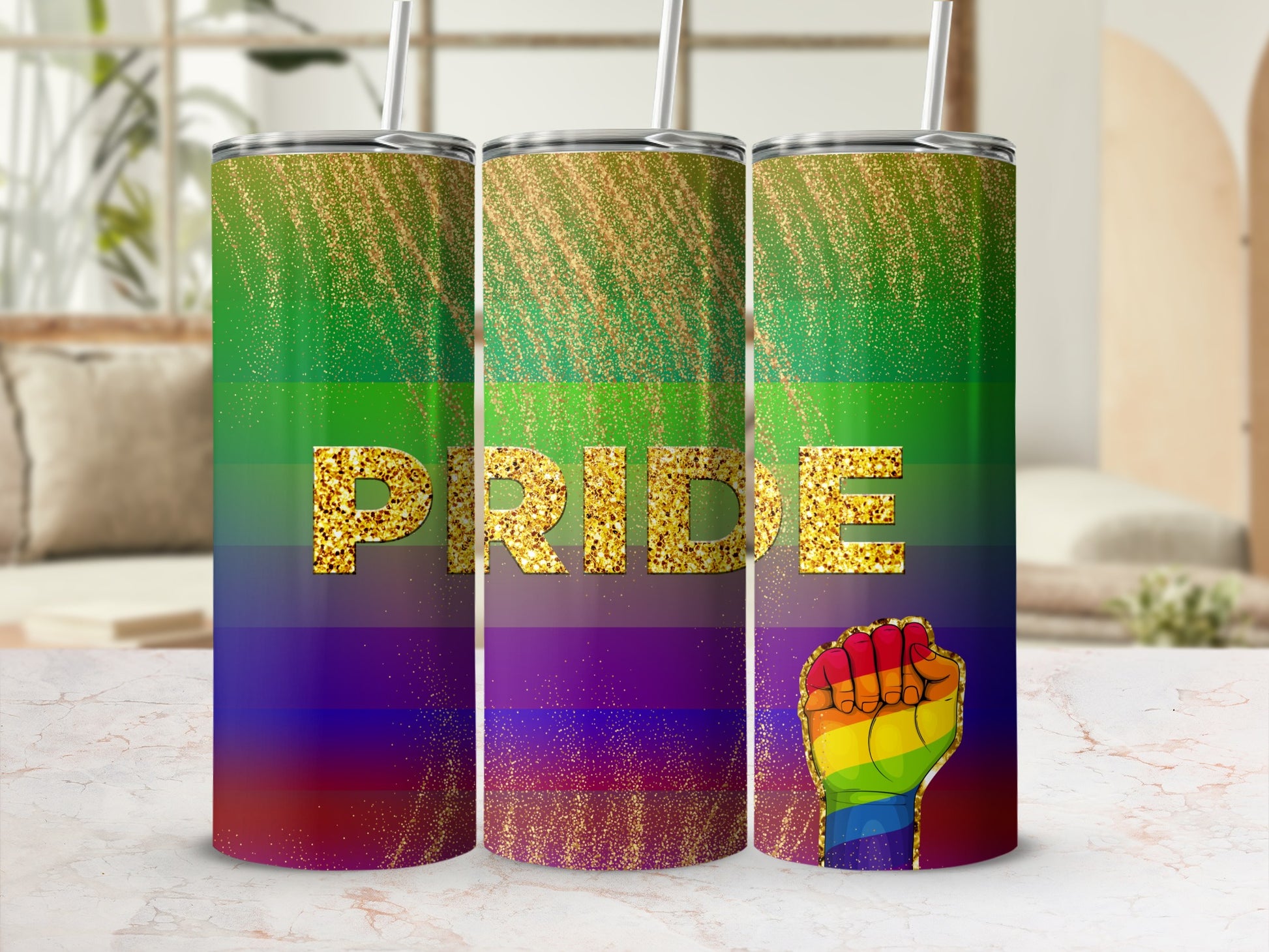 Rainbow gradient tumbler with glitter "Pride" text and raised fist.