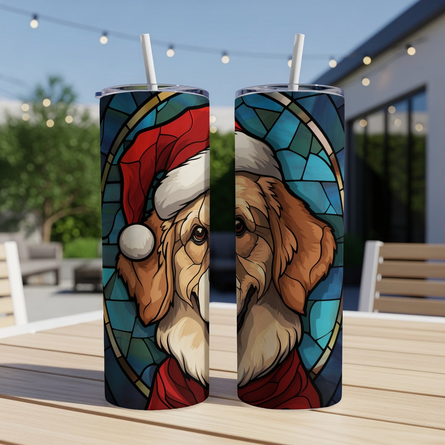 Golden retriever wearing Santa hat and scarf, stained glass art design.