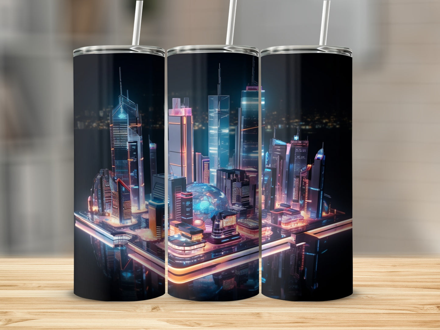 Futuristic Cityscape Design Tumbler Cup with Straw