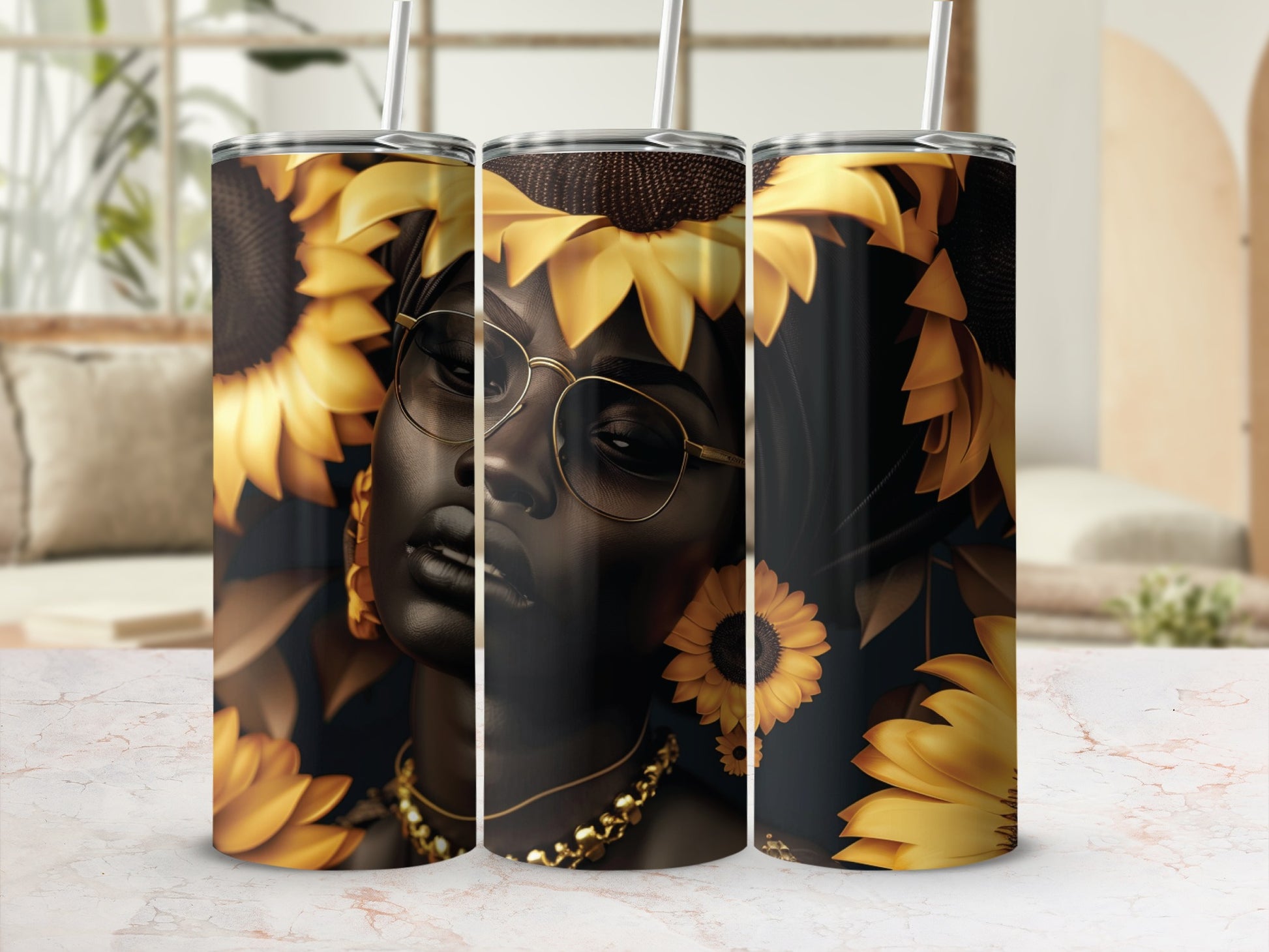 Woman with sunflowers in hair wearing glasses and gold necklace.