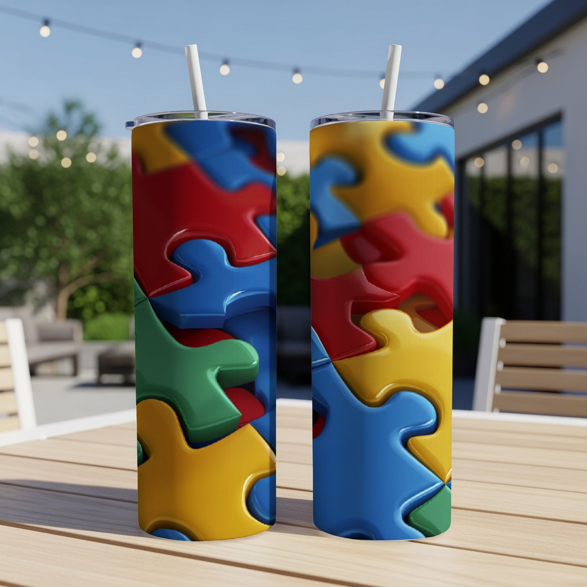 Two tall tumblers with colorful interlocking puzzle piece design.