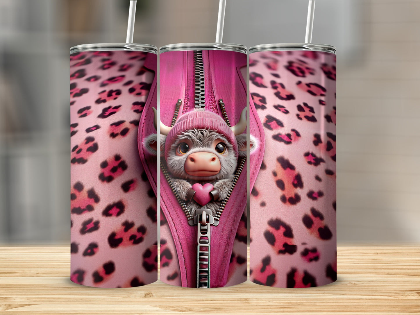 Pink leopard print tumbler featuring a cute cow peeking from a zipped pocket.