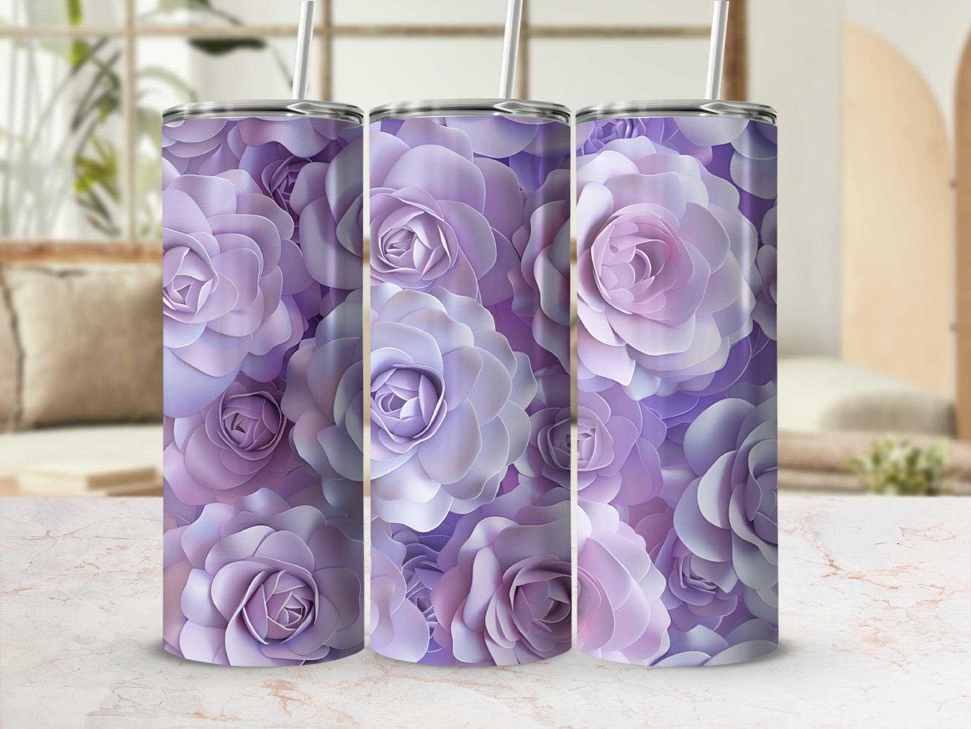 Three tumblers with a textured lavender rose floral pattern.