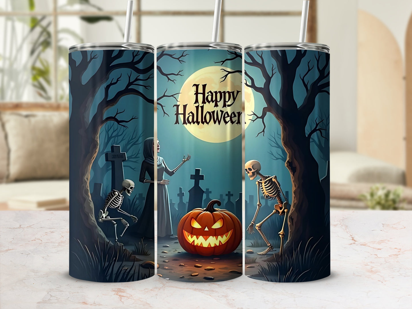 Three tumblers with a graveyard, skeletons, and "Happy Halloween" text.