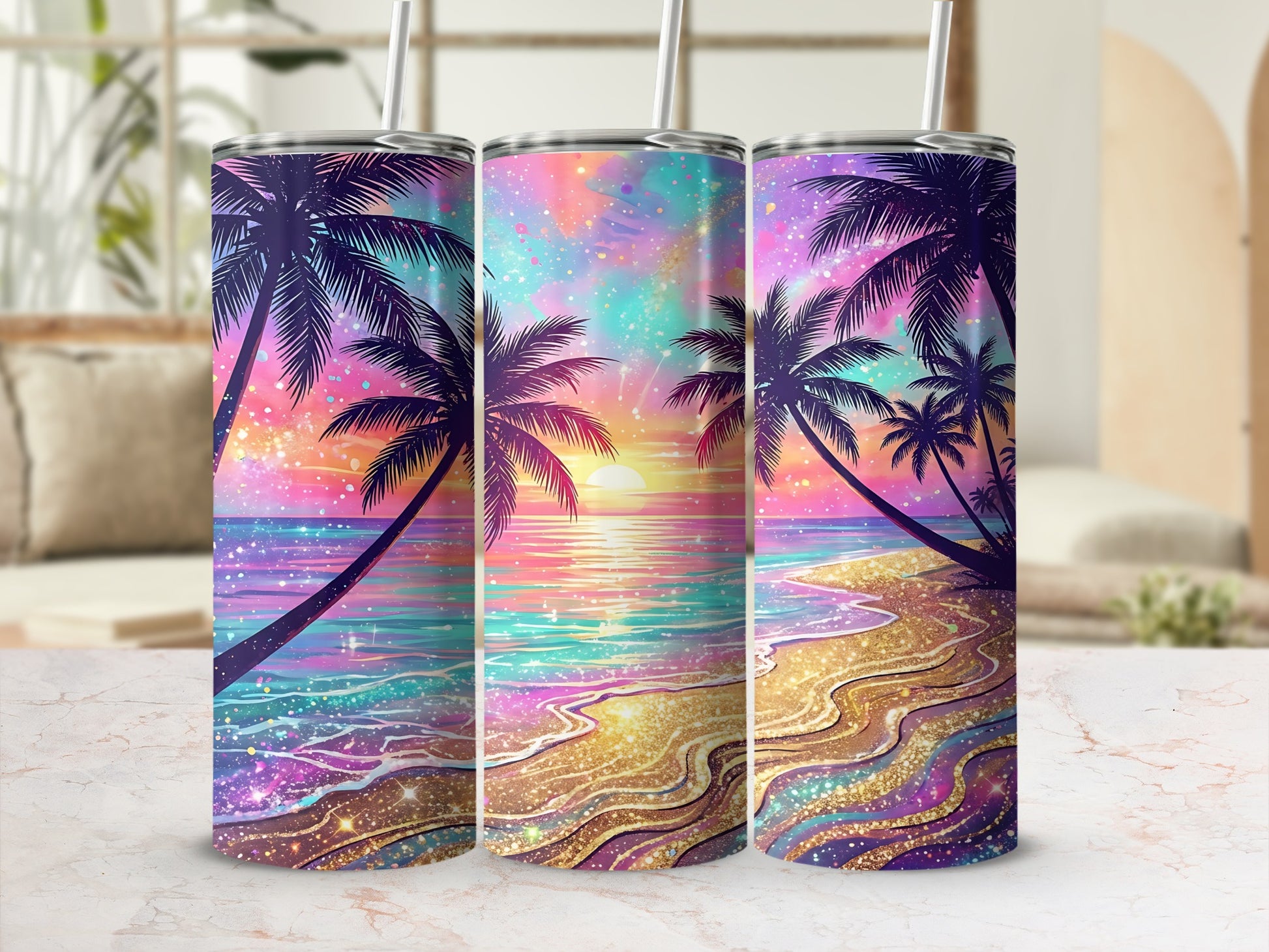 Three tropical beach tumblers with palm trees and a colorful sunset.