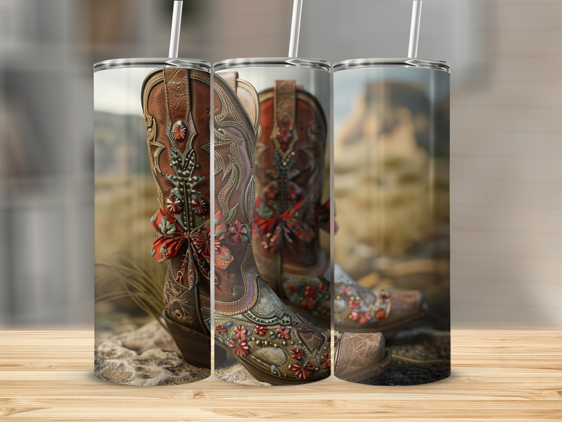 Three ornate cowboy boots with colorful floral embellishments and straws.