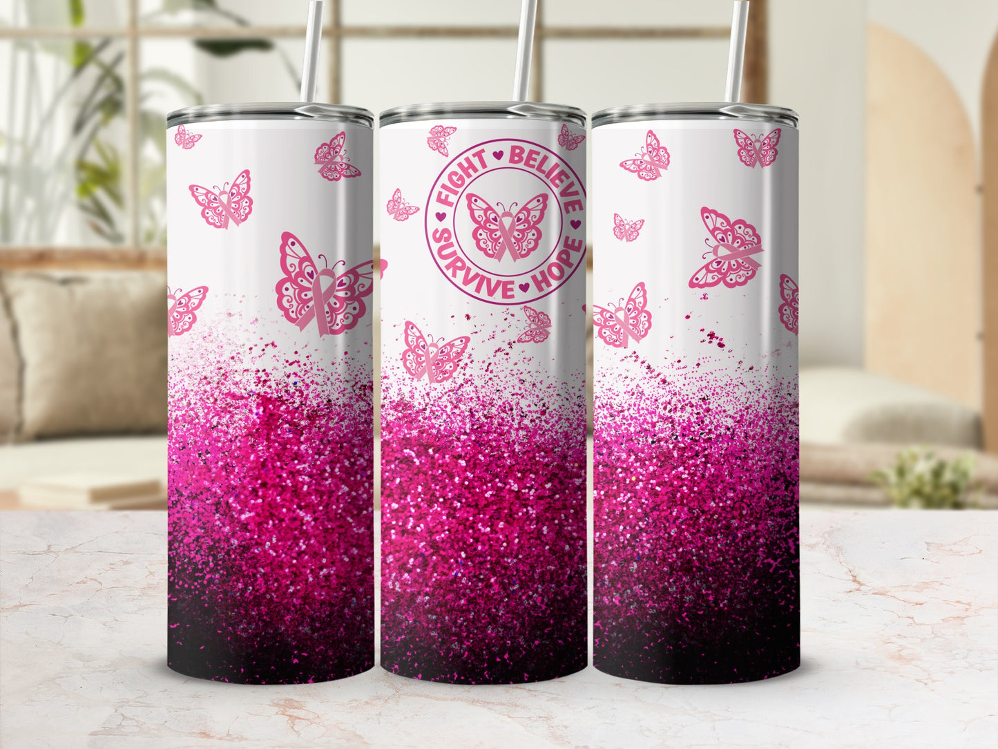 Pink glitter tumbler with butterflies and "Fight Survive Hope" text.
