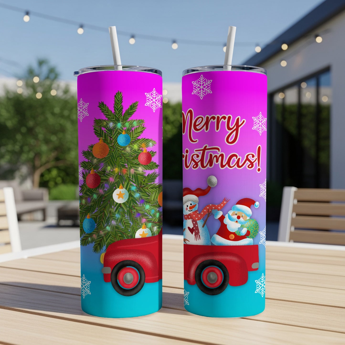 Two tumblers with Christmas tree and Santa in truck designs.