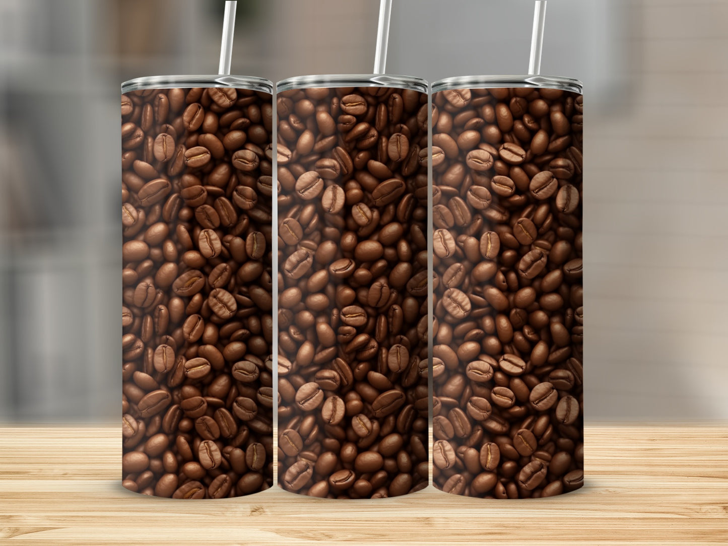 Three tumblers with a pattern of roasted coffee beans.