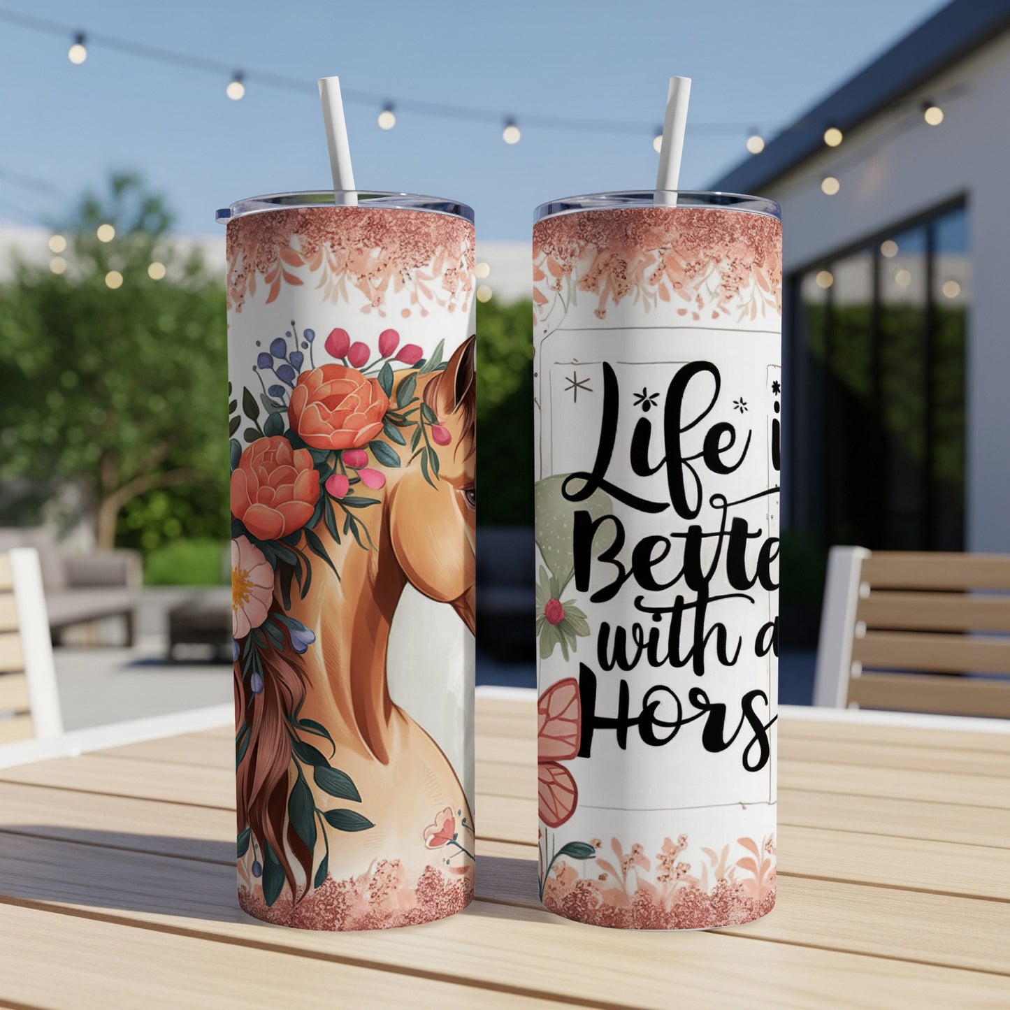 Two tumblers with horse and floral art, one with text "Life is Better with Horses".