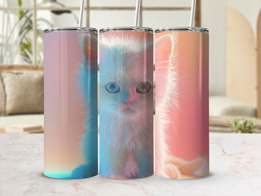 Three colorful tumblers featuring a fluffy white cat's face on each.