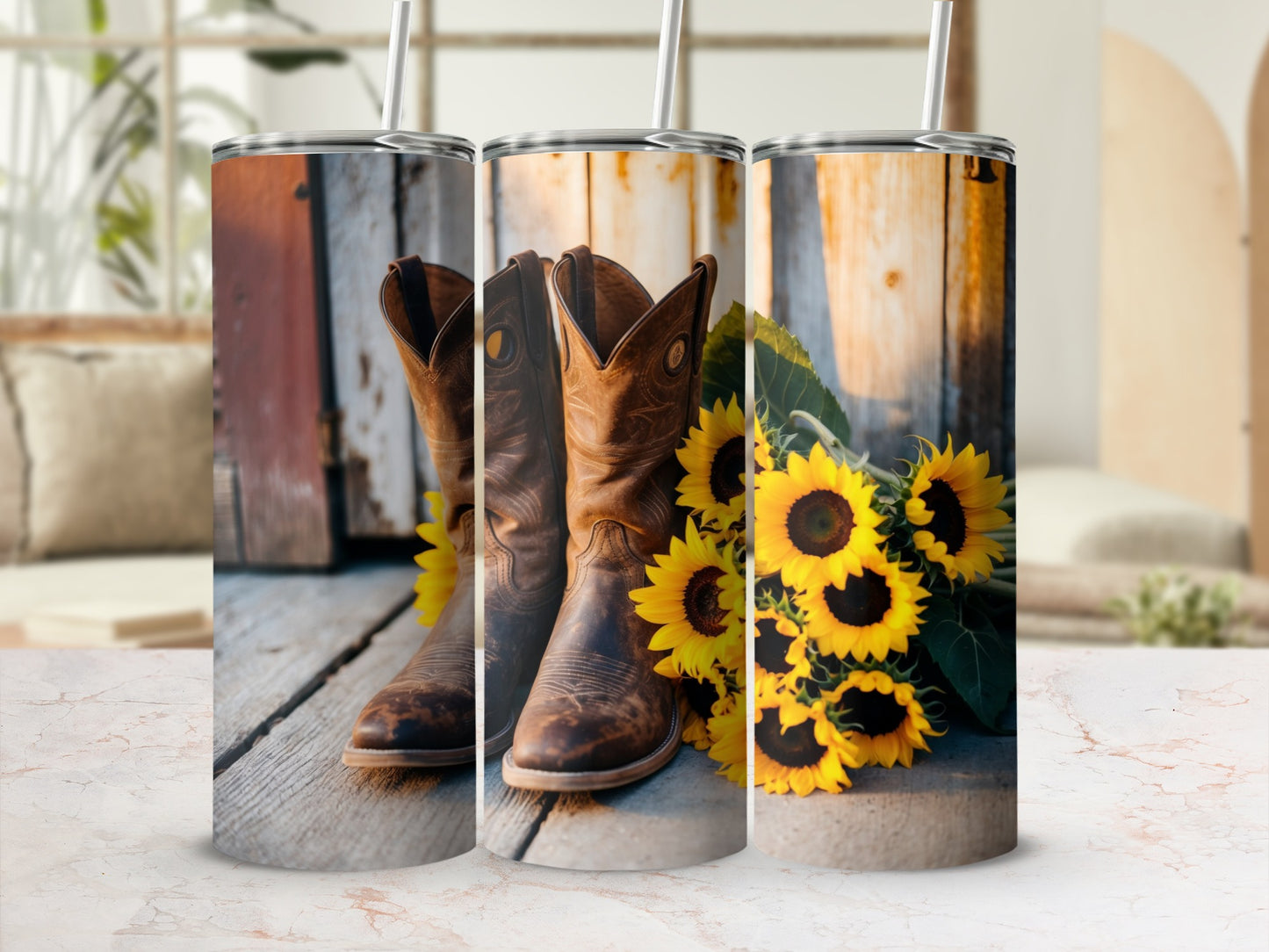 Brown cowboy boots with sunflowers on a wooden background.