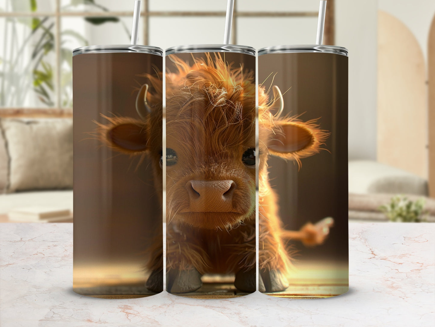 Fluffy baby cow with horns on a tumbler.