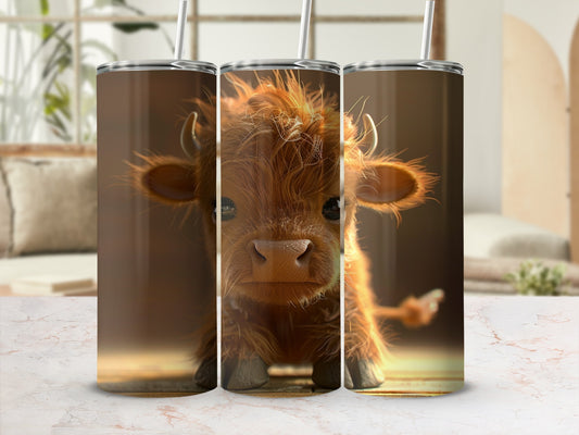 Fluffy baby cow with horns on a tumbler.