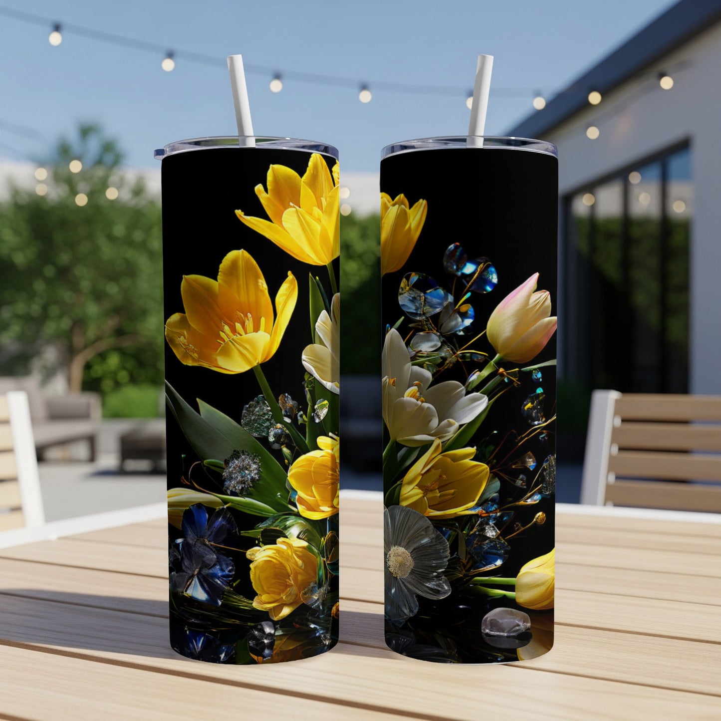 Two tumblers featuring a bouquet of yellow and white tulips and sparkling jewels.