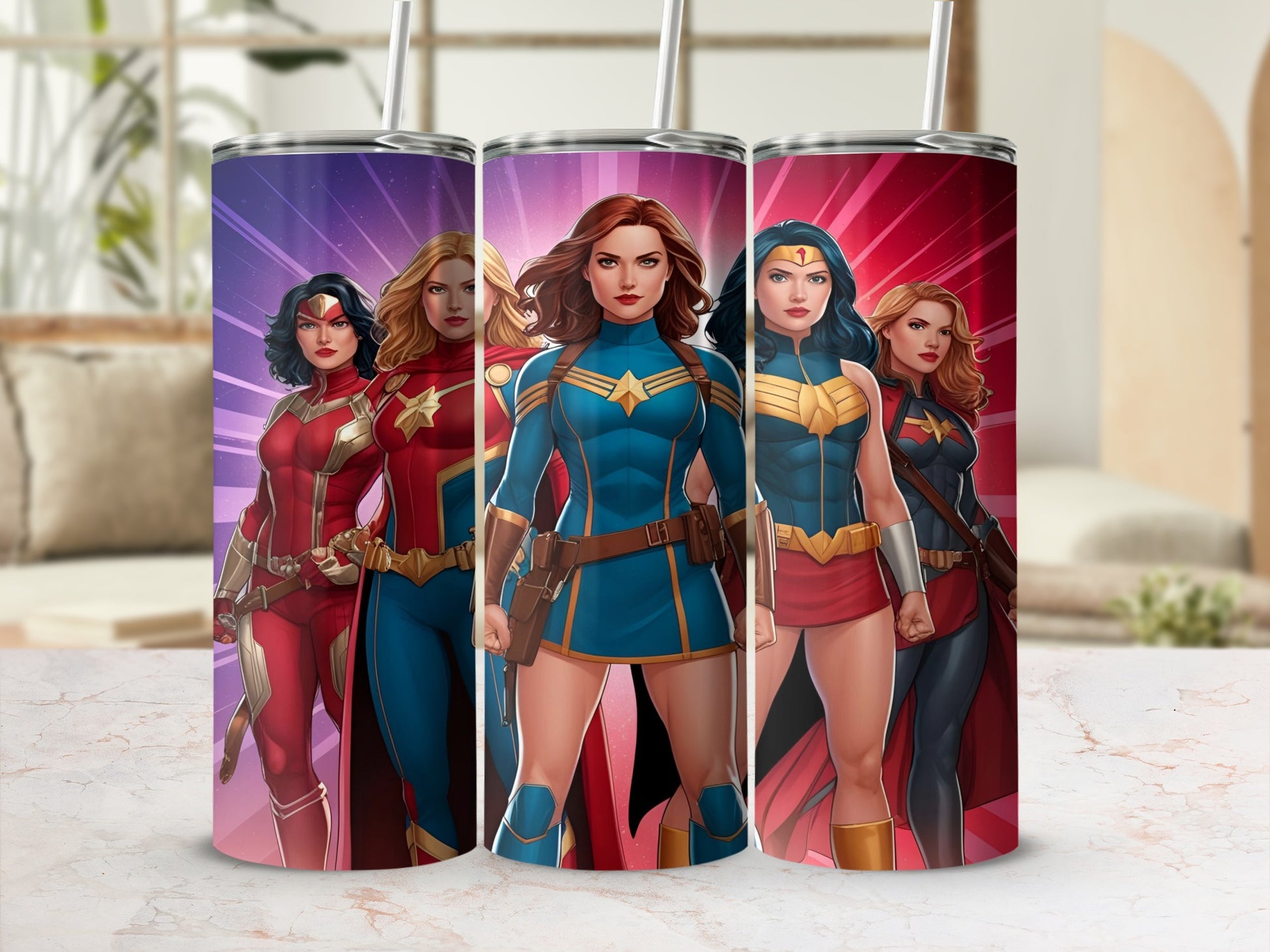 Four female superheroes in colorful costumes stand side-by-side.