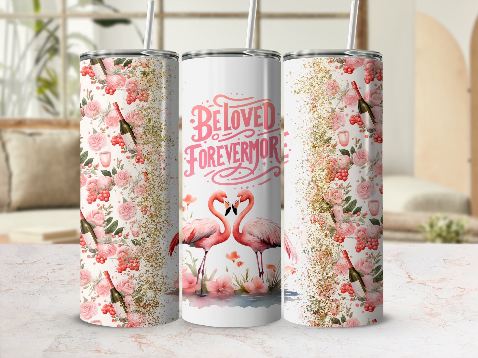 Beloved Forevermore Flamingo and Floral Tumblers