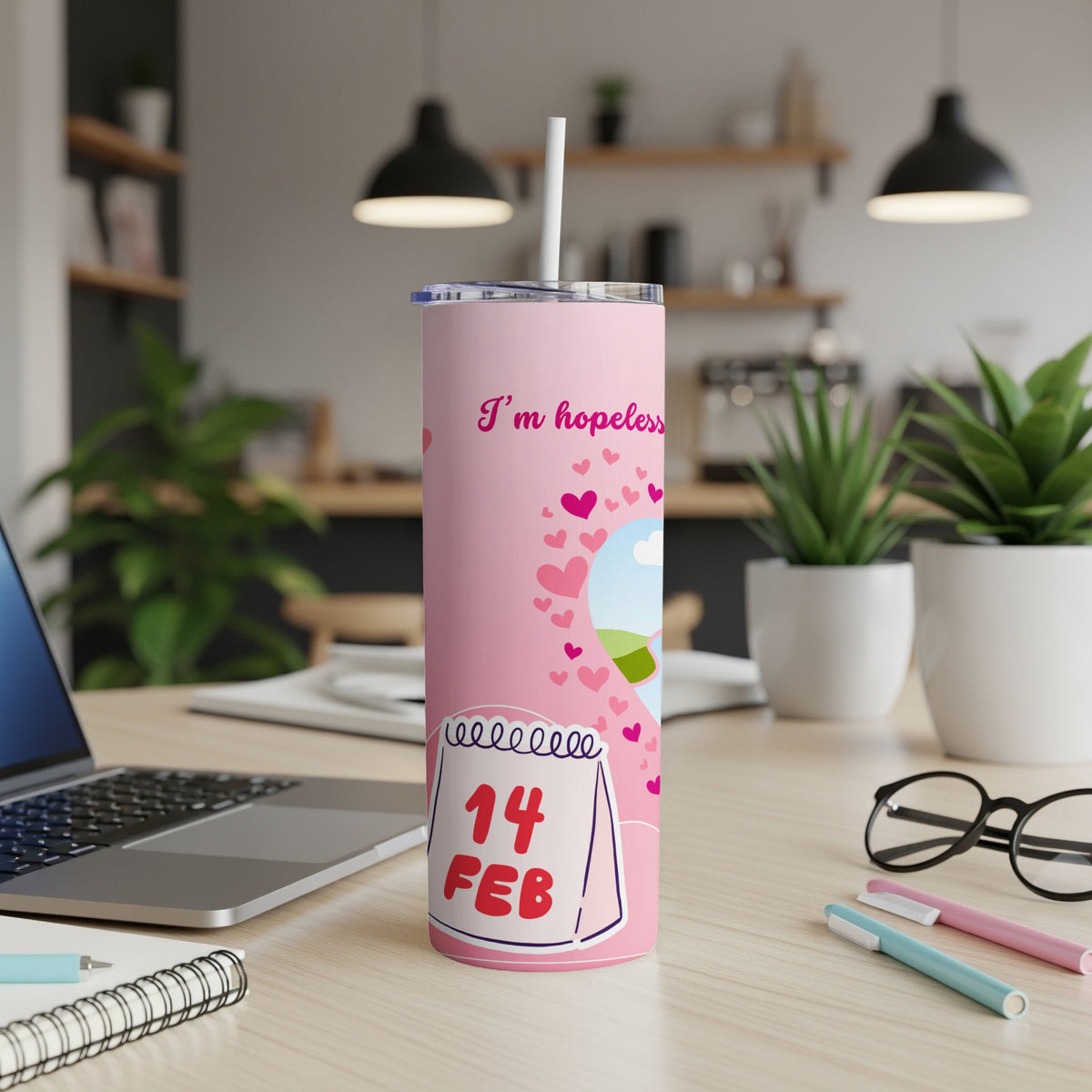 Pink tumbler with hearts, a calendar showing February 14, and the text "I'm hopeless."