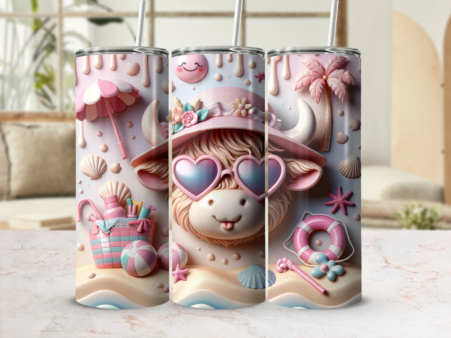 Beach-themed tumbler with a smiling cow wearing sunglasses and hat.