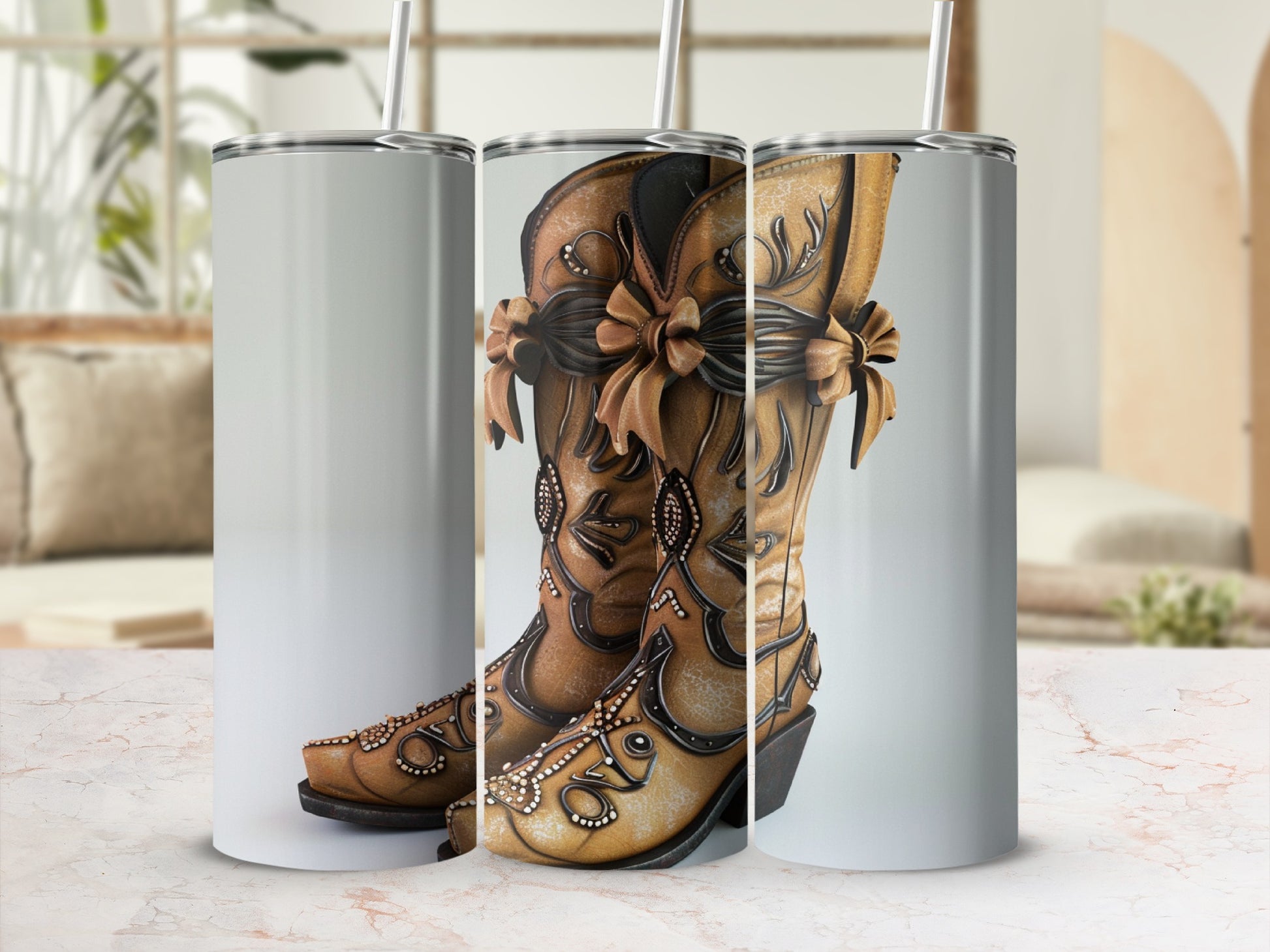 Cowboy boots with floral accents on tumblers.