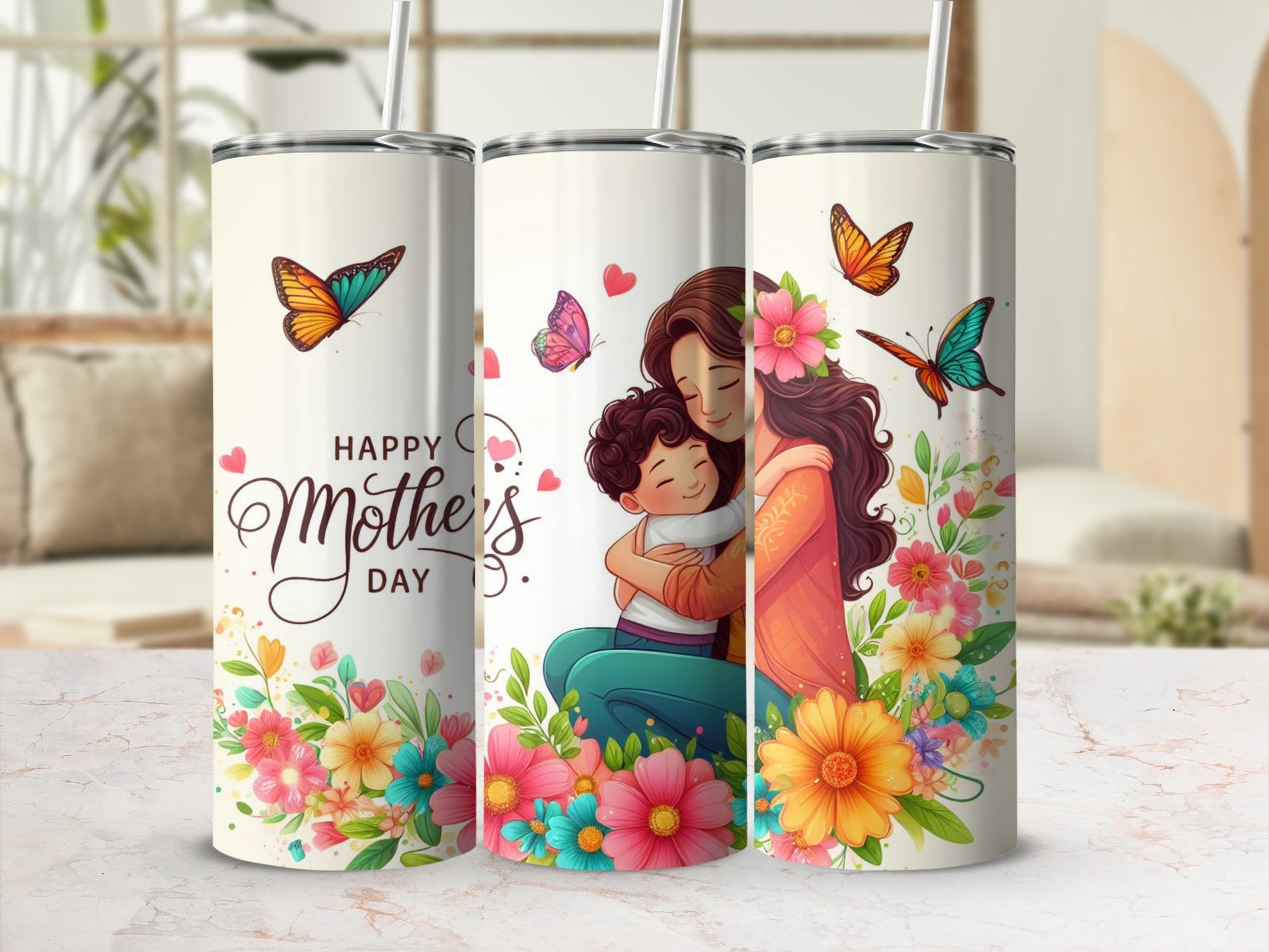 Vibrant Mother's Day Floral and Butterfly Tumbler