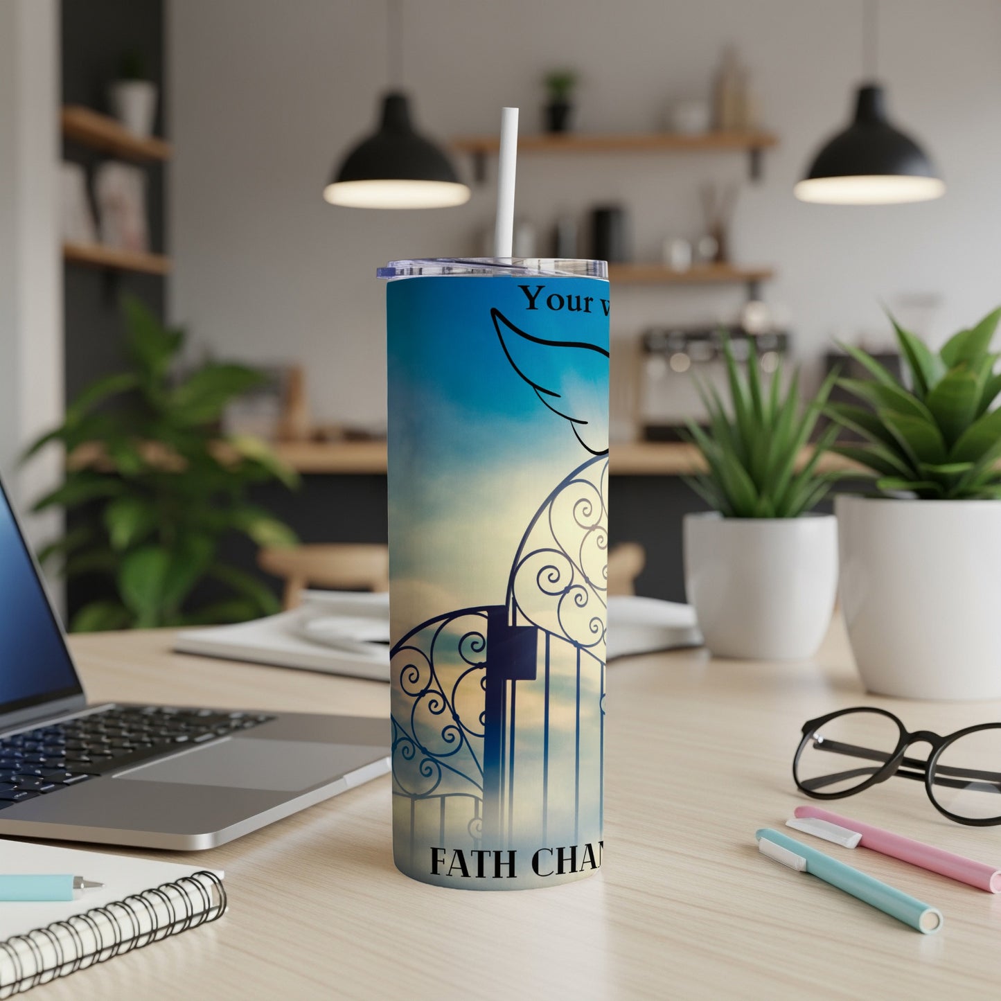 Tumbler with angel wings, a gate, and "FAITH CHANGER" text.