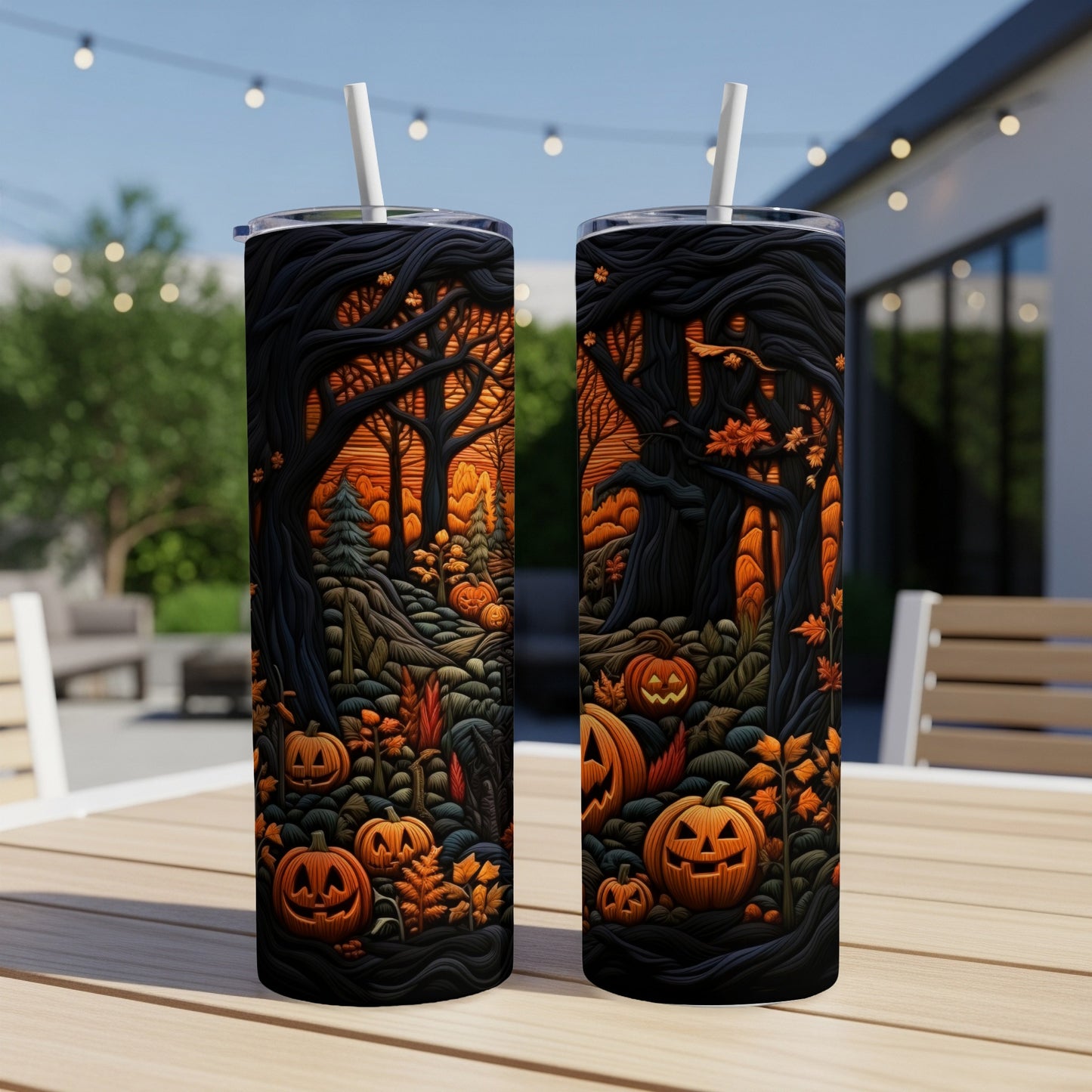 Two tumblers with a spooky Halloween forest and carved pumpkins design.