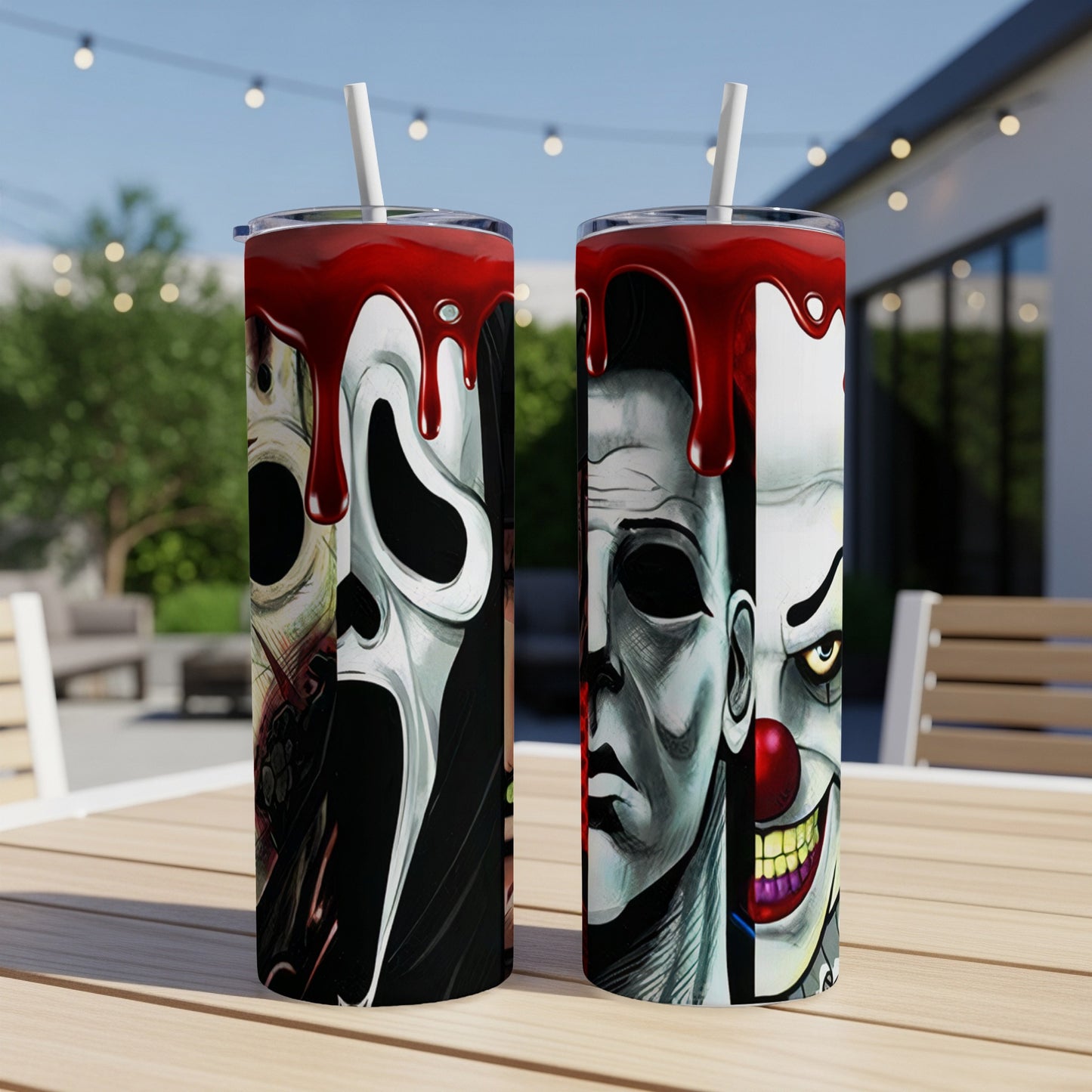 Two tumblers with horror movie villain designs and red dripping accents.