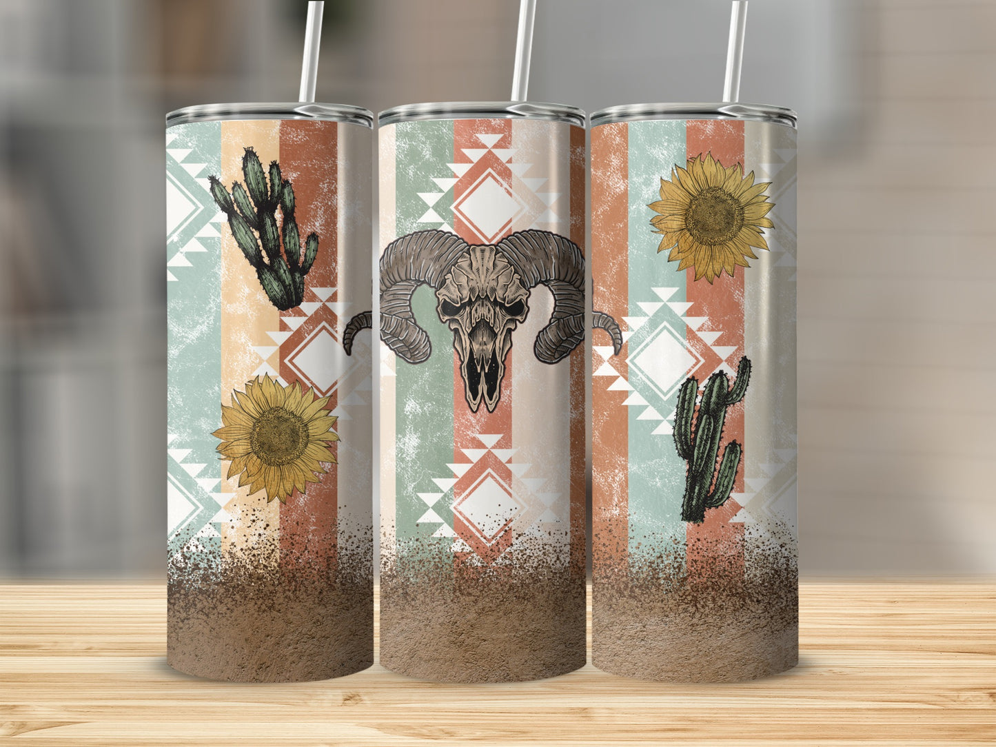 Tumbling tumbler with ram skull, cactus, and sunflowers on tribal background.