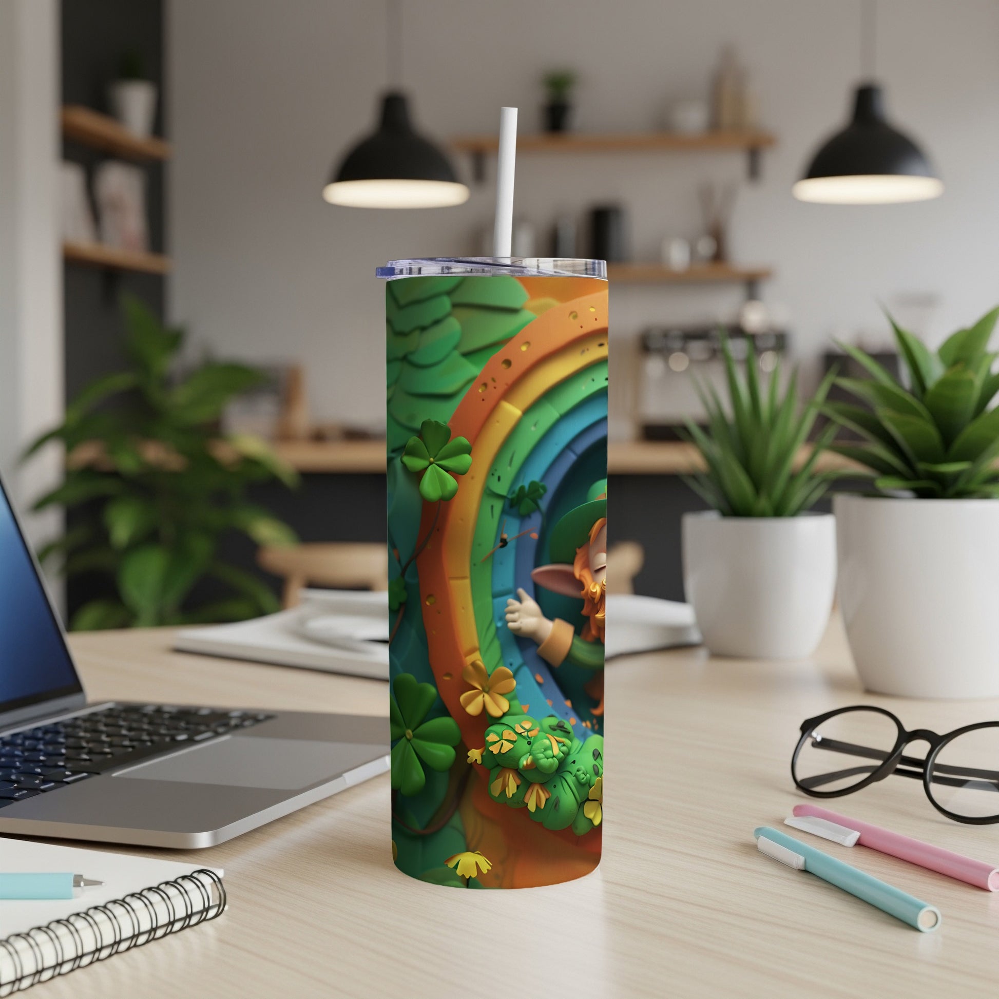 Leprechaun with rainbow and shamrocks on a colorful tumbler.