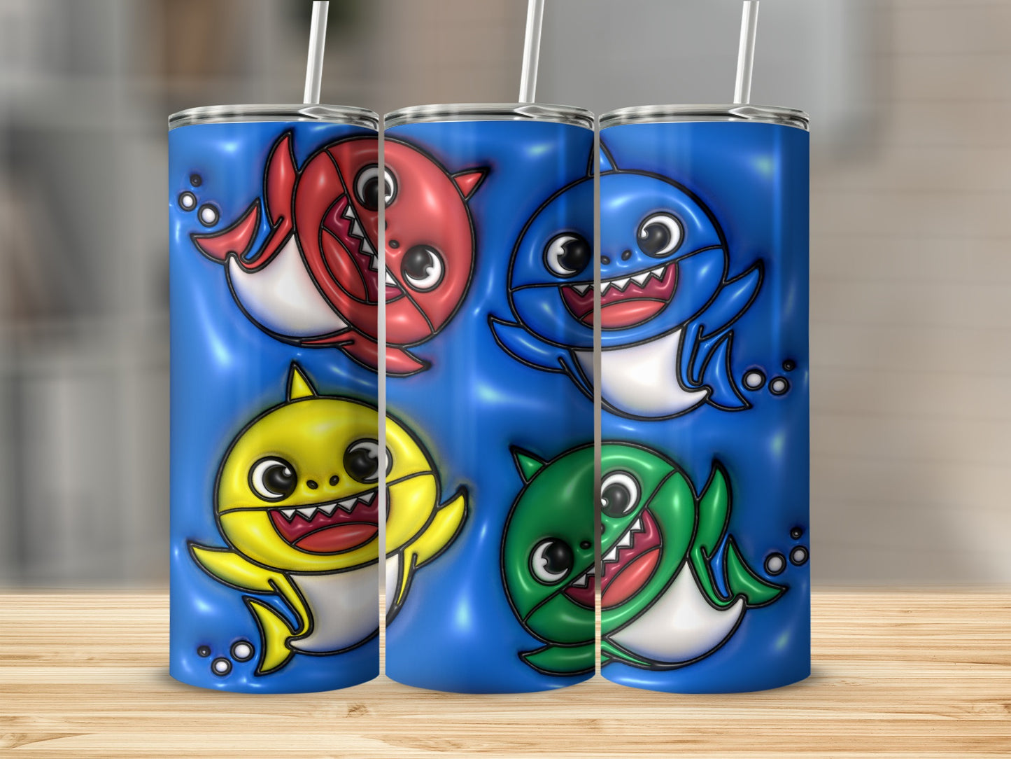 Cartoon Sharks in Red Blue Yellow Green Cute Tumblers