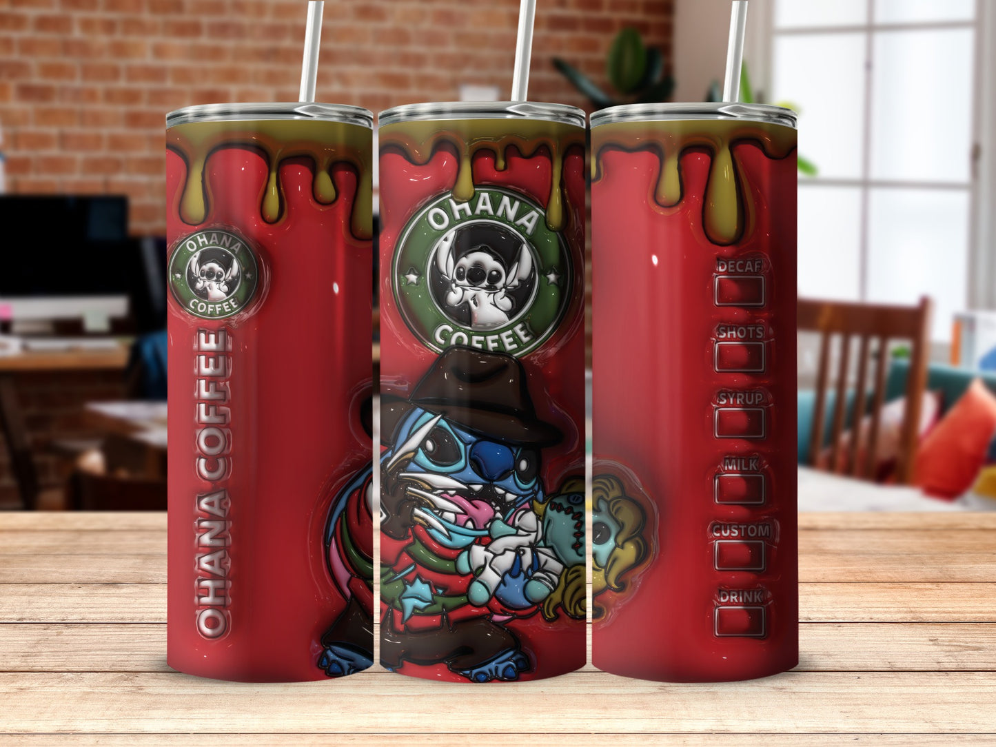 Ohana Coffee Themed Drink Tumbler with Artistic Design