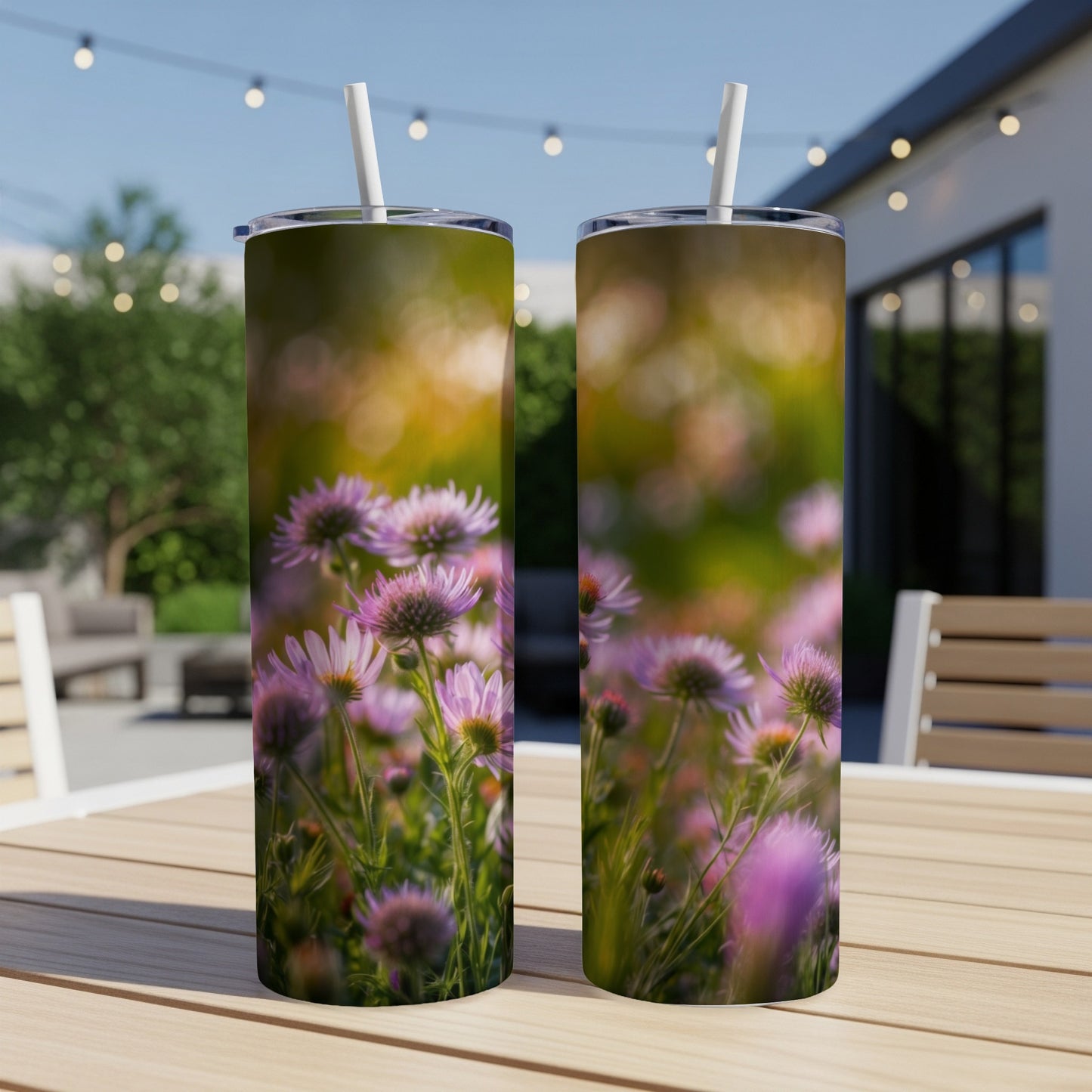 Two tumblers with pink and purple flowers on a patio table.