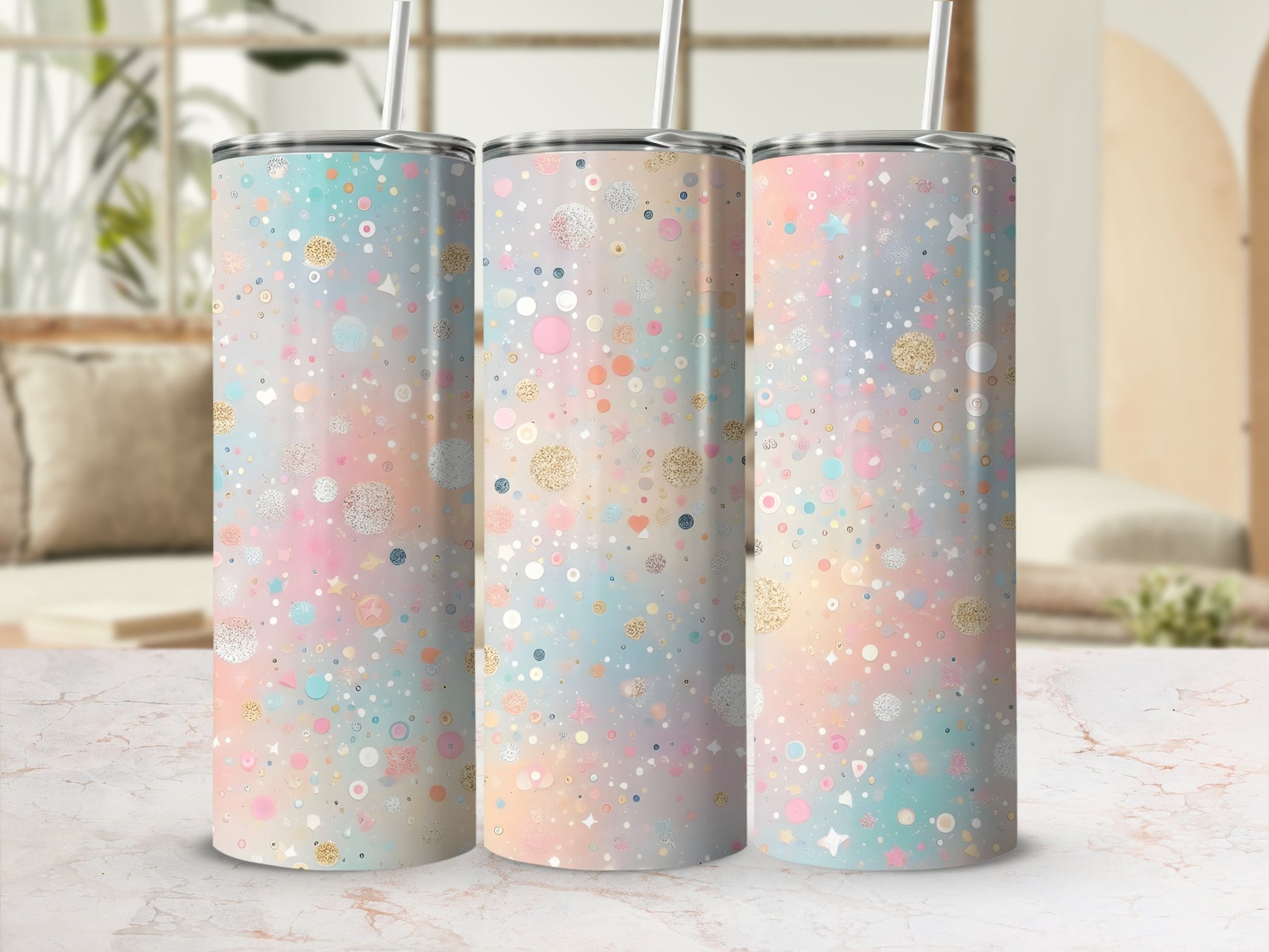Pastel confetti pattern on three tall, slim tumblers with straws.