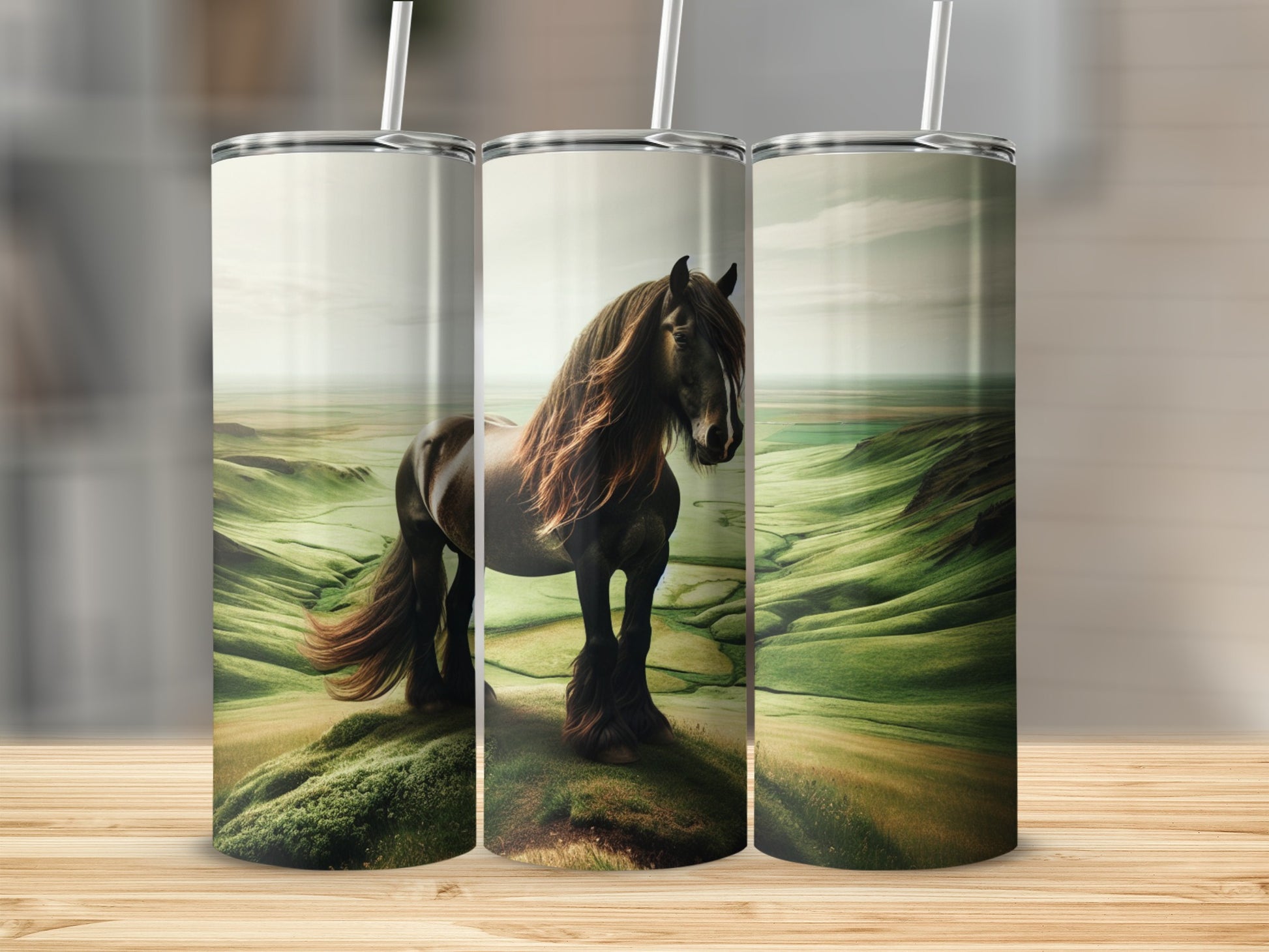 Black horse with flowing mane on grassy hill, three tumblers shown.