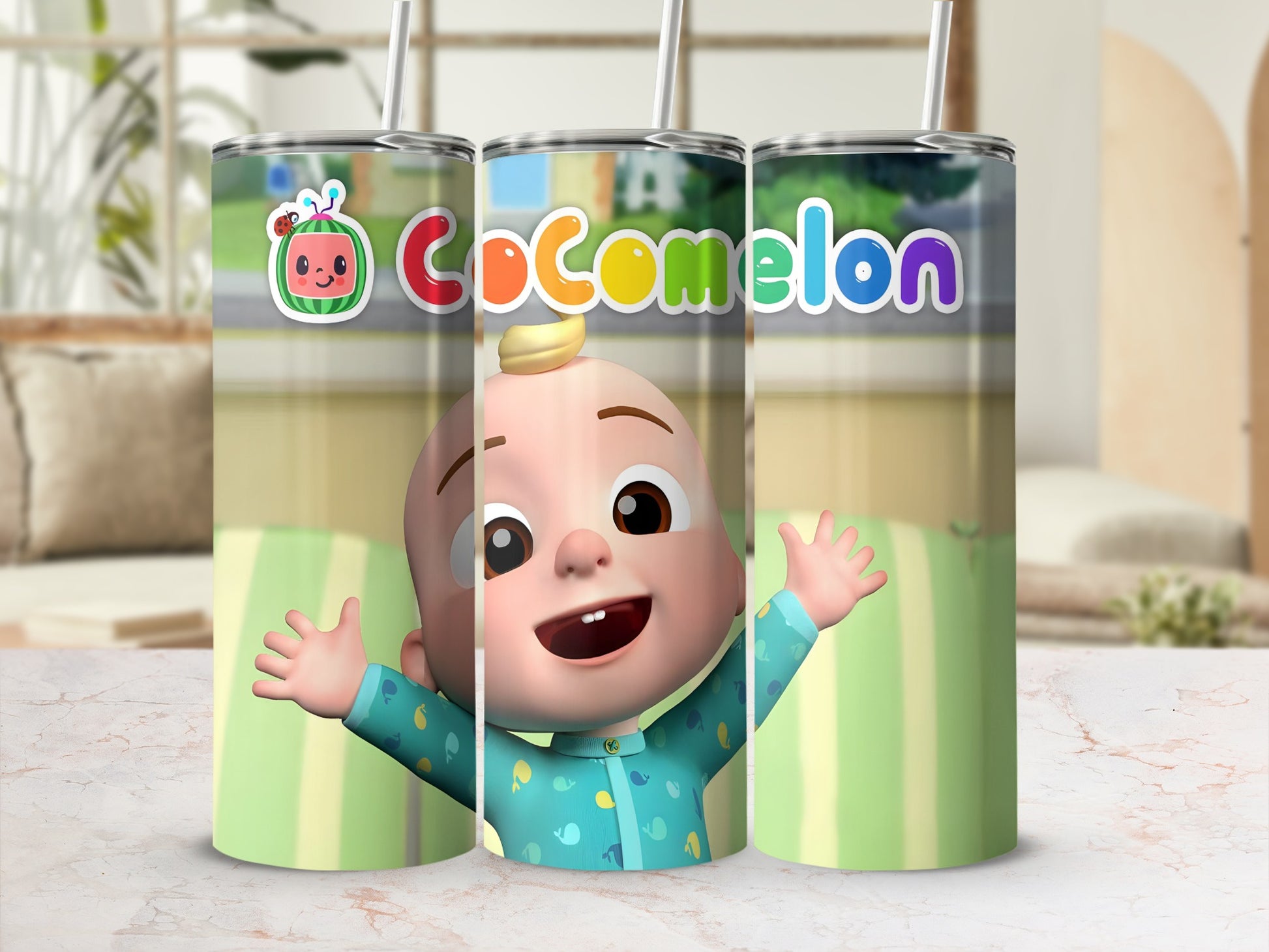 Cocomelon JJ character on a green tumbler with straws.