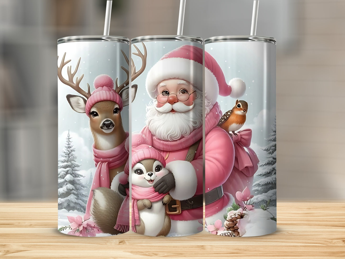 Cute Santa with Deer and Animals Tumbler Design